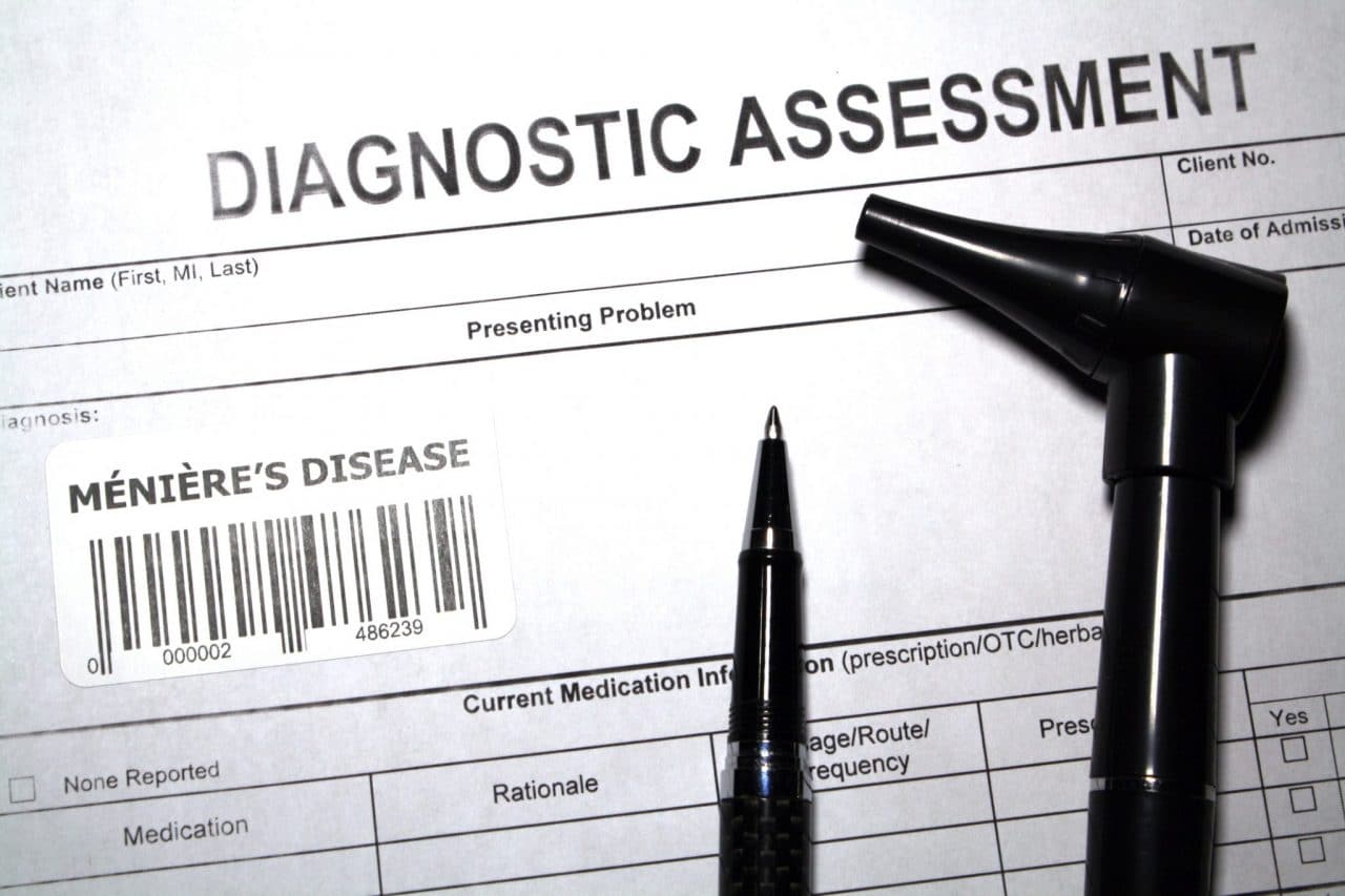 A diagnostic assessment form, blank except for the sticker that reads "Ménière’s Disease" in the "Diagnosis" field.