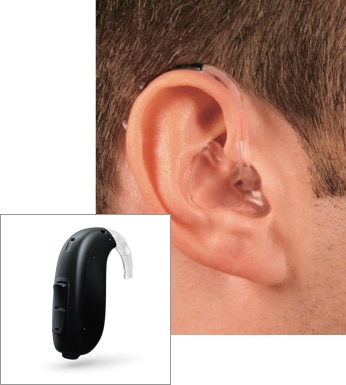 A BTE hearing aid being worn with an inset image of the device itself.