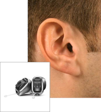 A CIC hearing aid being worn with an inset image of the device itself.