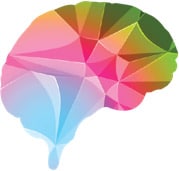 Brightly-colored low poly graphic of a human brain