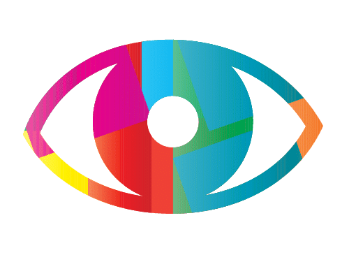 Brightly colored and stylized graphic of a human eye