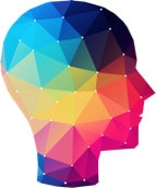 Brightly-colored low poly graphic of a human head