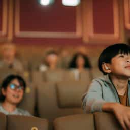 Boy with hearing aids sees a movie